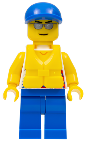 Минифигурка Lego Tank Top with Surfer Silhouette, Blue Legs, Blue Short Bill Cap, Life Jacket Center Buckle, Silver Sunglasses cty0468